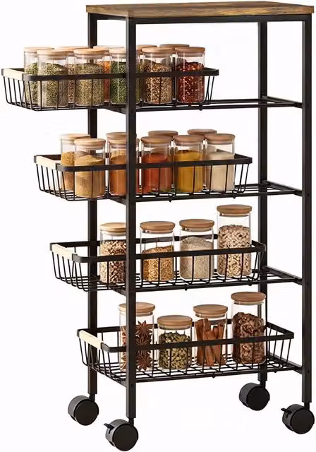 HOMCOM 4-Tier Metal and MDF Storage Trolley with Pull-Out Baskets in Rustic Brown, H 81.5 x W 40.0 x D 24.0 cm – 9
