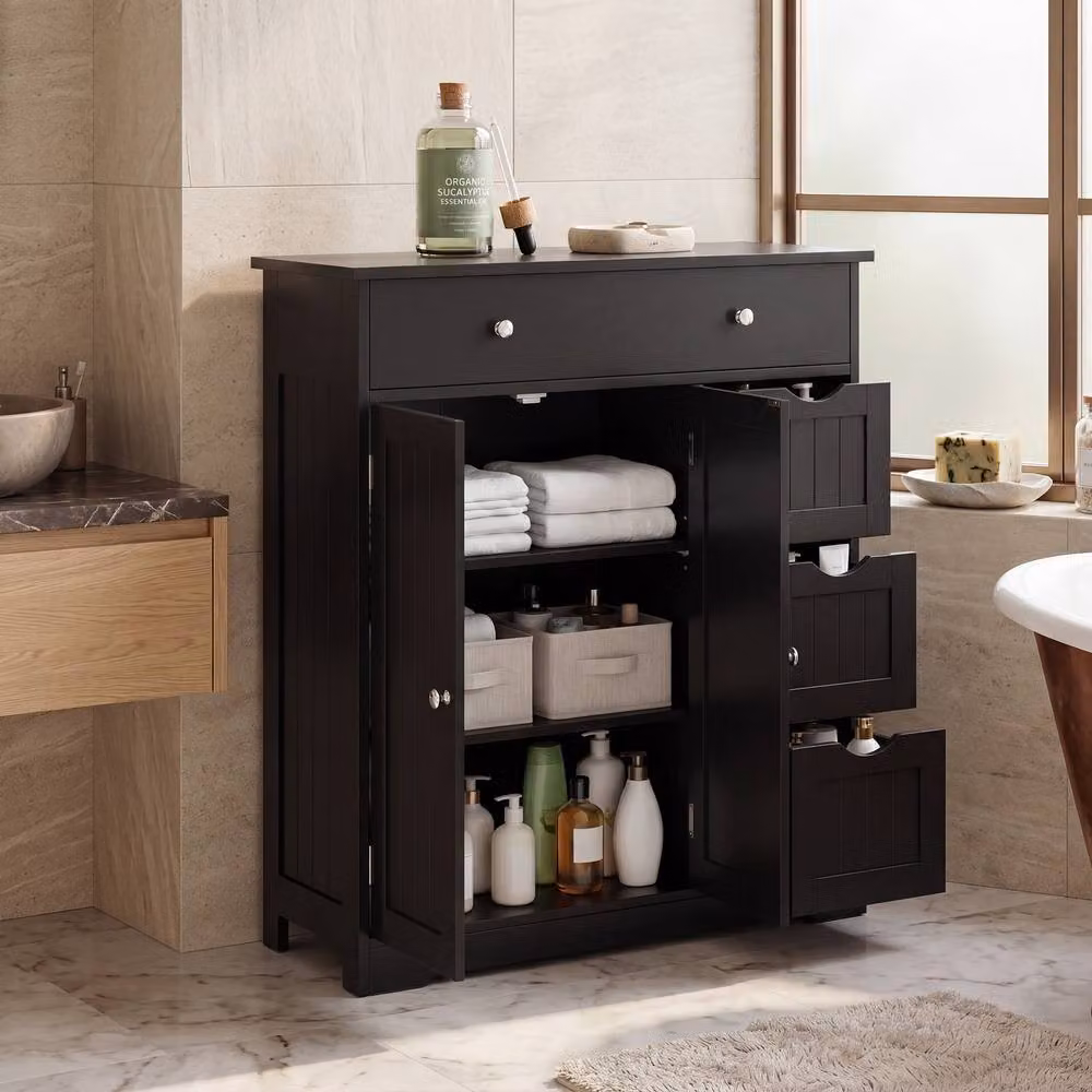 Costway Modern Black Bathroom Floor Cabinet with 4 Drawers and 2 Hinged Doors – 6