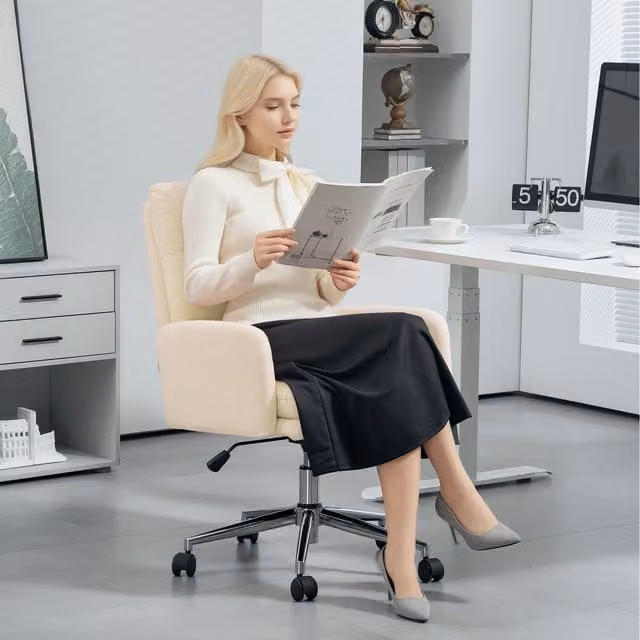 HOMCOM Modern Upholstered Sherpa Fleece Task Chair in Beige and White with Castors and Height Adjustment