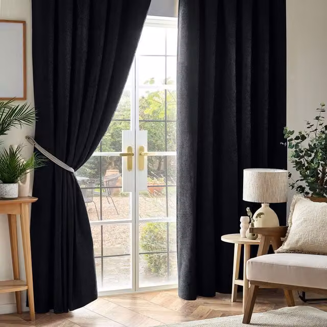 Terrys Black Chenille Thermal Insulating Blackout Pencil Pleat Curtains