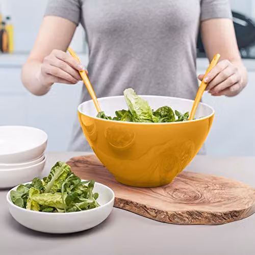 Zeal Melamine Round Salad Bowl and Server Set in Yellow and White – 2