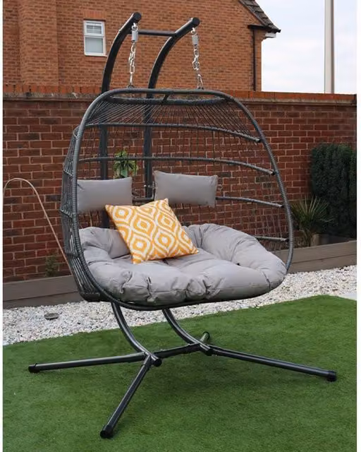 Furniture Maxi Bradway Grey Rattan Hanging Egg Chair with Cushions and Rain Cover – 1