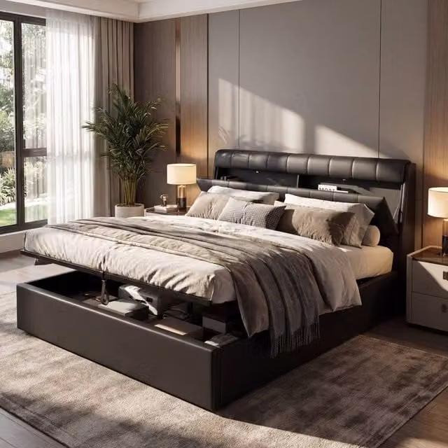Rolipo Black PU Upholstered Hydraulic Storage Bed with Lift Up Base, W/D/H: 150 x 200 cm – 1