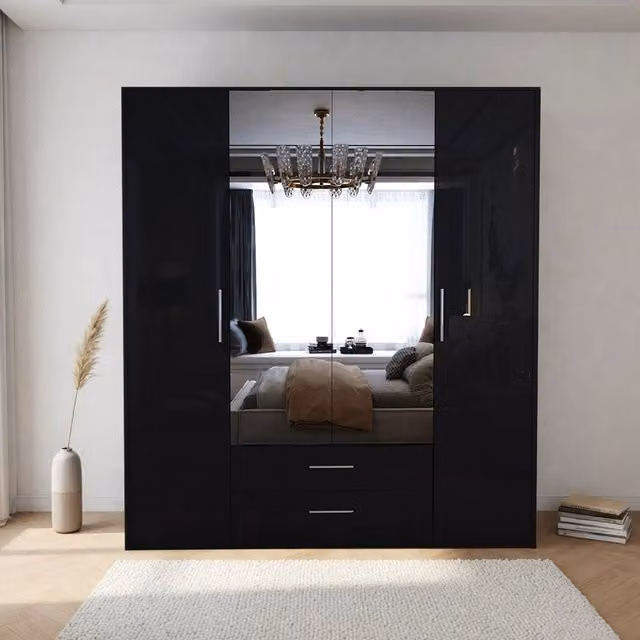 Swindon Gloss Black 4 Door Wardrobe with Mirror and Internal Shelving, Width: 180 cm