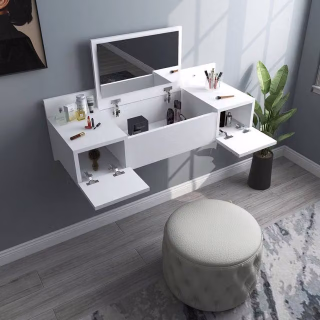 Destina Home Bertus Dressing Table Makeup Vanity with Wall Mounted Mirror and Storage, White, W/D/H: 100 x 39.1 x 33 cm – 2