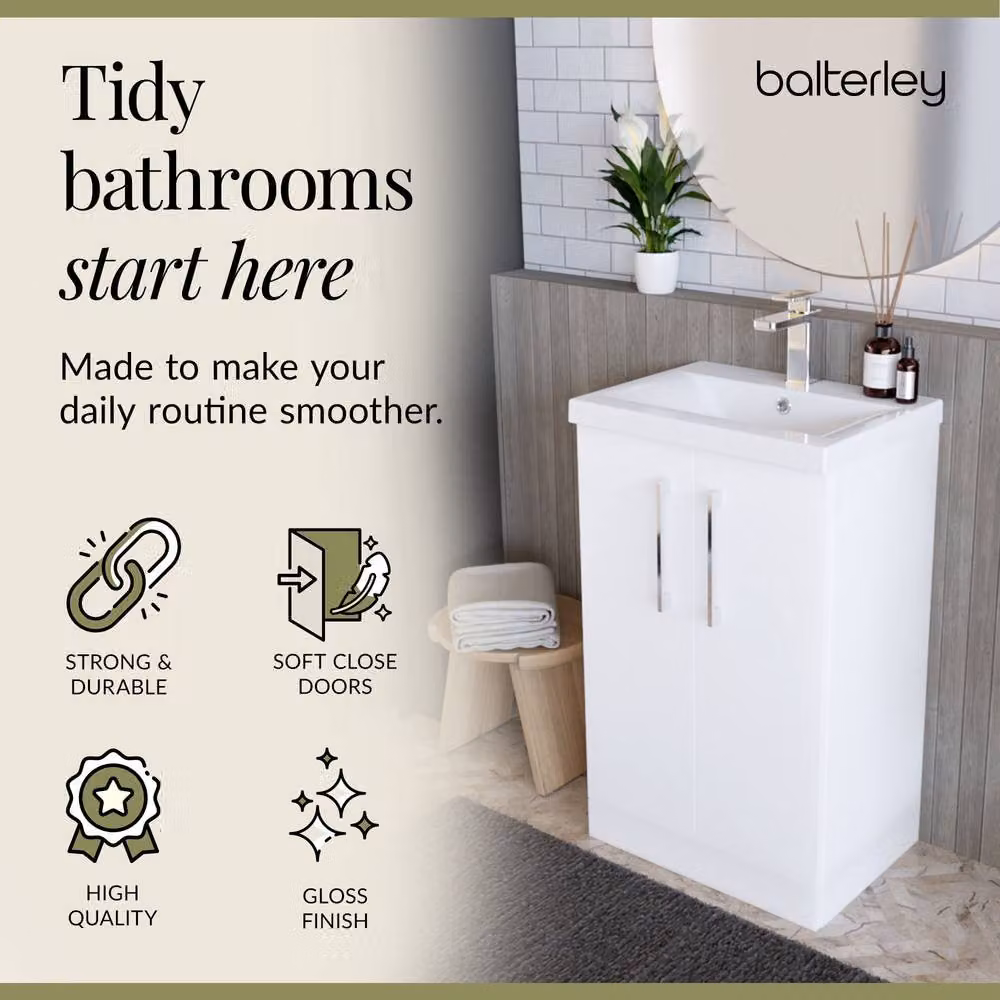 Balterley Modern Gloss White Floor Standing Bathroom Vanity Unit with 2 Soft-Close Doors and Mid-Edge Basin, W/D/H: 50 x 39 x 84 cm – 3