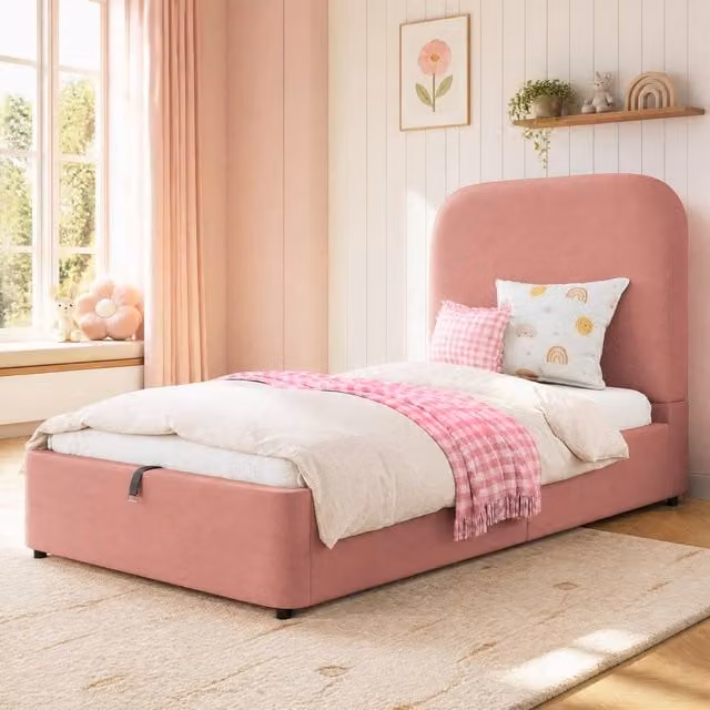 STILVORA Single Upholstered Velvet Bed with Lift Up Storage in Pink, W/D/H: 90 x 190 cm – 1