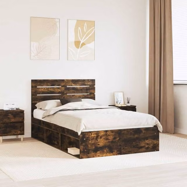 Berkfield Home Smoked Oak Bed Frame in Brown, Solid Pine Wood, W/D/H: 120 x 190 cm – 1