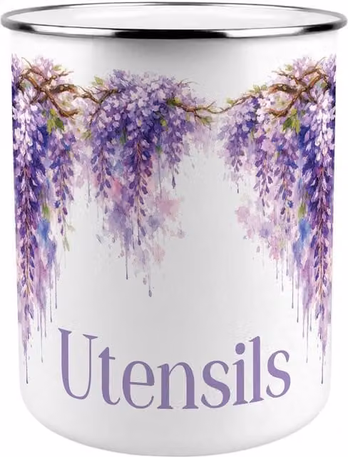 Purely Home Round Ceramic Purple Wisteria Kitchen Utensil Holder