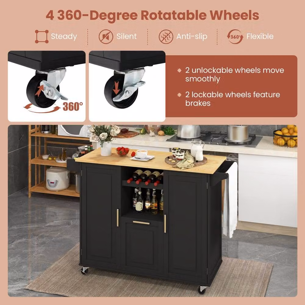 Costway Rolling Kitchen Trolley Cart with Drop-Leaf Countertop in Black – 5