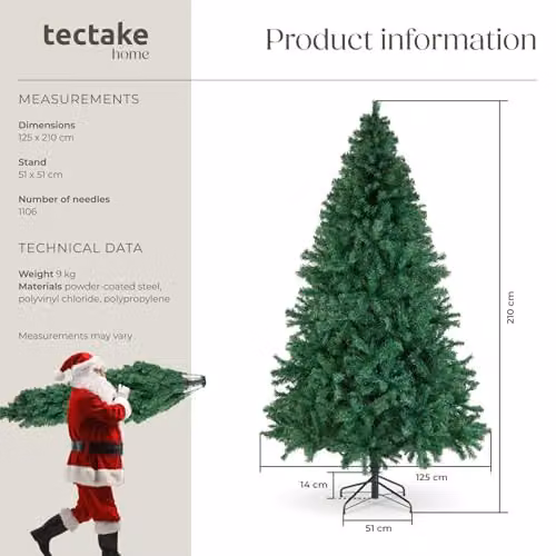 tectake Artificial Christmas Tree in Green with Dense Needles and Metal Stand, Height: 210 cm – 6