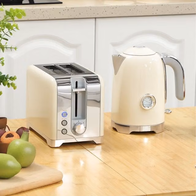 HOMCOM Kettle and Toaster Set with Temperature Gauge and Crumb Tray in Beige and Silver