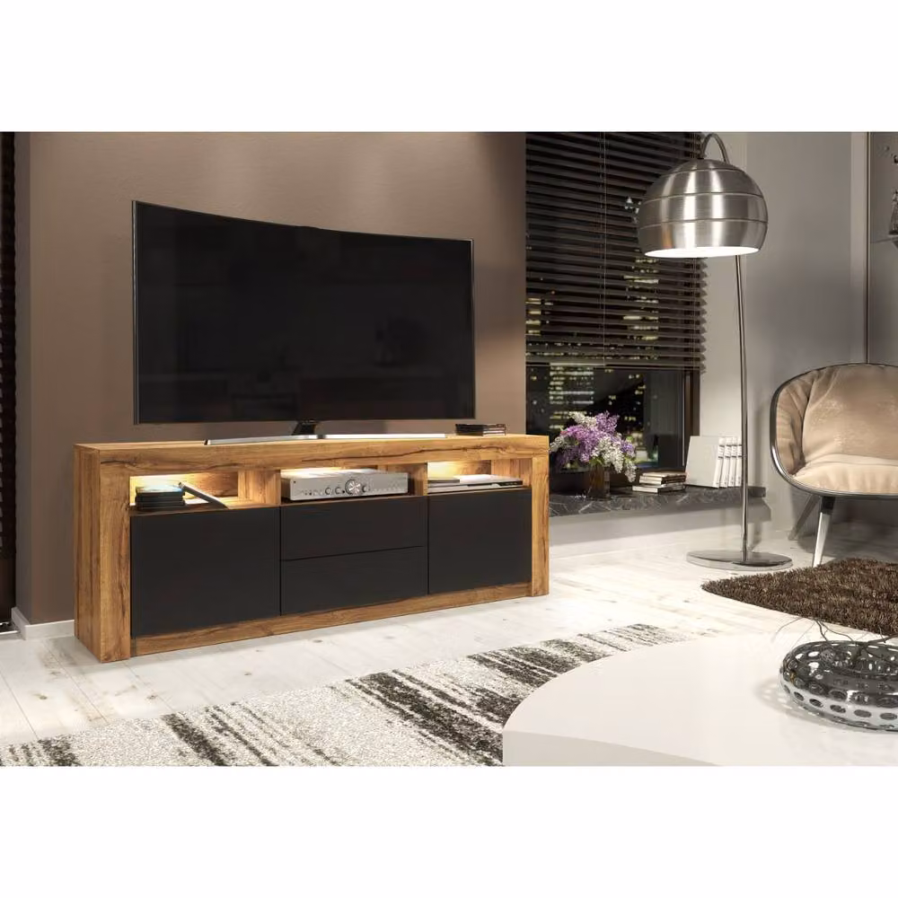Mex Furniture LTD Shine TV Unit in Dark Oak and Black Matt with LED Lights, W: 160 cm, H: 60 cm, D: 35 cm – 2