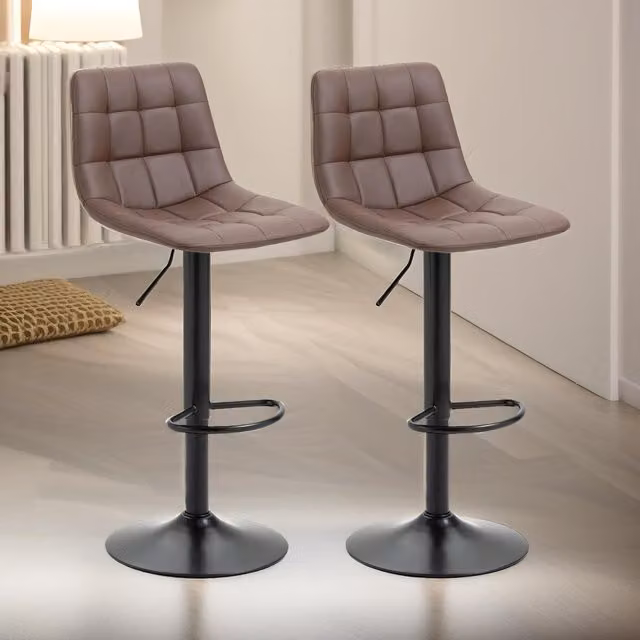 FURNOS Set of 2 Height Adjustable 360 Swivel Barstools with Tufted Backrest in Brown Synthetic Leather
