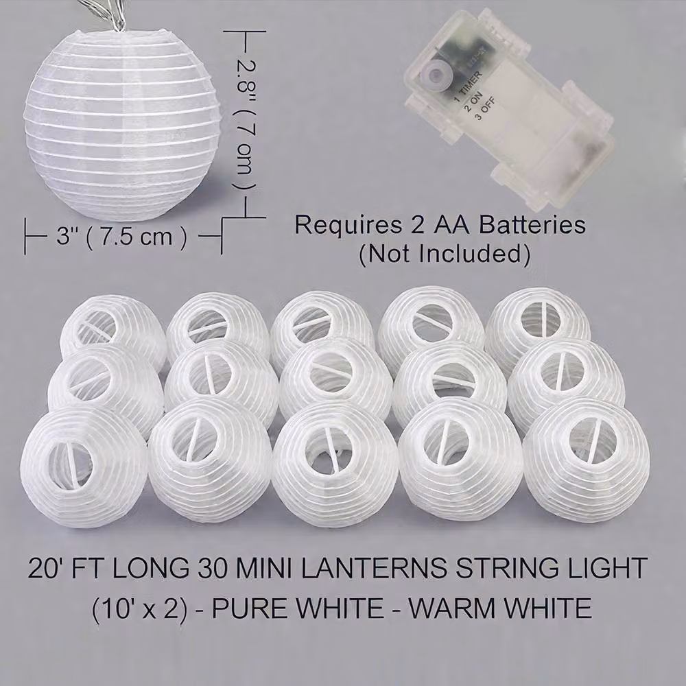 Bright Zeal White Cloth Lantern LED String Lights with Timer, 3m, Warm White – 2