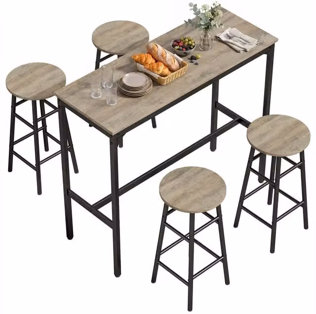 HOMCOM 5 Piece Industrial Bar Set with Grey Wood Effect Table and Black Chairs