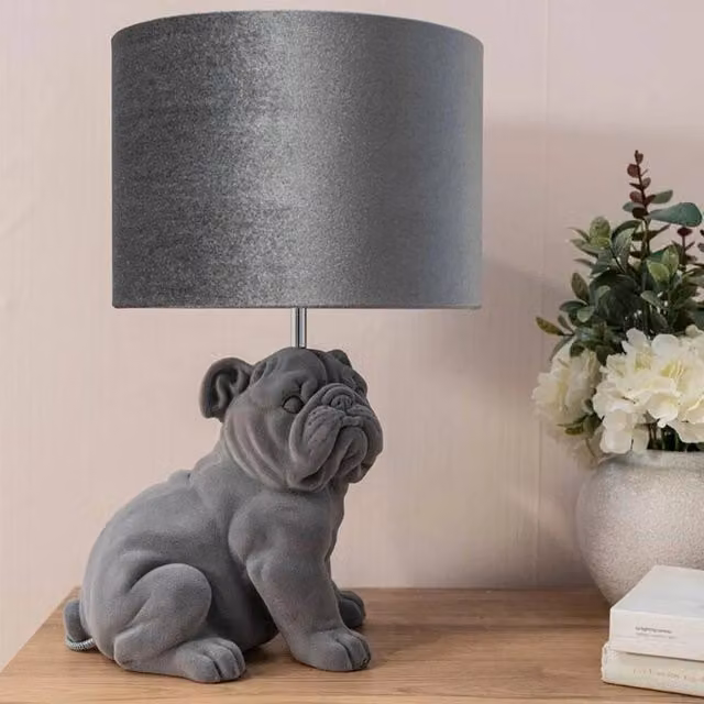 PAWNORA Grey Velvet Bulldog Table Lamp with Fabric Cylinder Shade