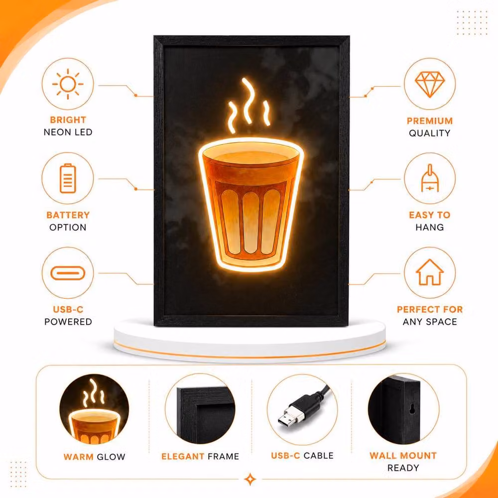 HOME LUXE INTERIOR Tea Cup Neon LED Wall Art, Black, W: 40 cm, H: 40 cm – 5