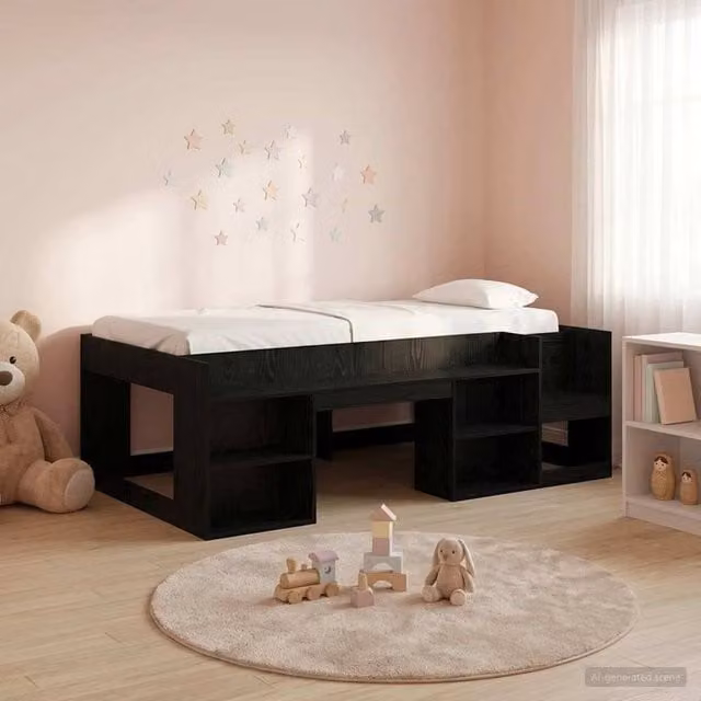 Berkfield Home Kids Bed Frame with Side Compartments in Black Oak, W: 98.5 cm x L: 200 cm