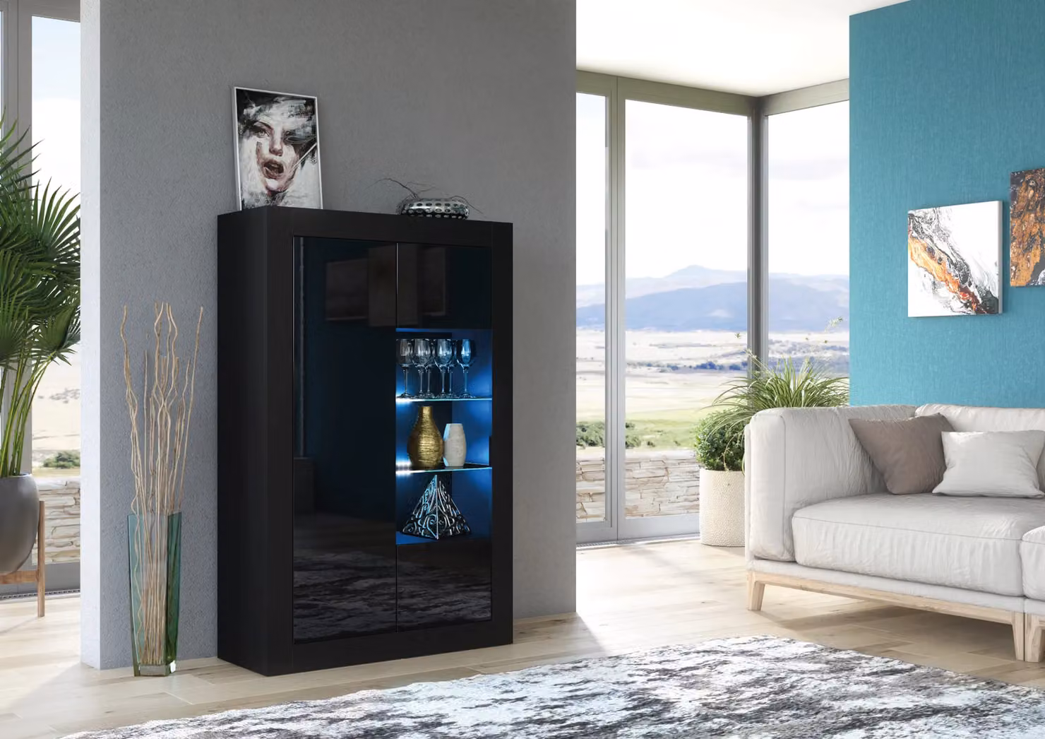 Mex Furniture LTD Modern Black Display Cabinet with Glass Doors and LED Lighting, W/D/H: 140 x 35 x 93 cm – 3