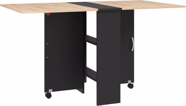 HOMCOM Folding Dining Table with Drop Leaf, 2 Tier Shelves and Rolling Casters in Brown Oak