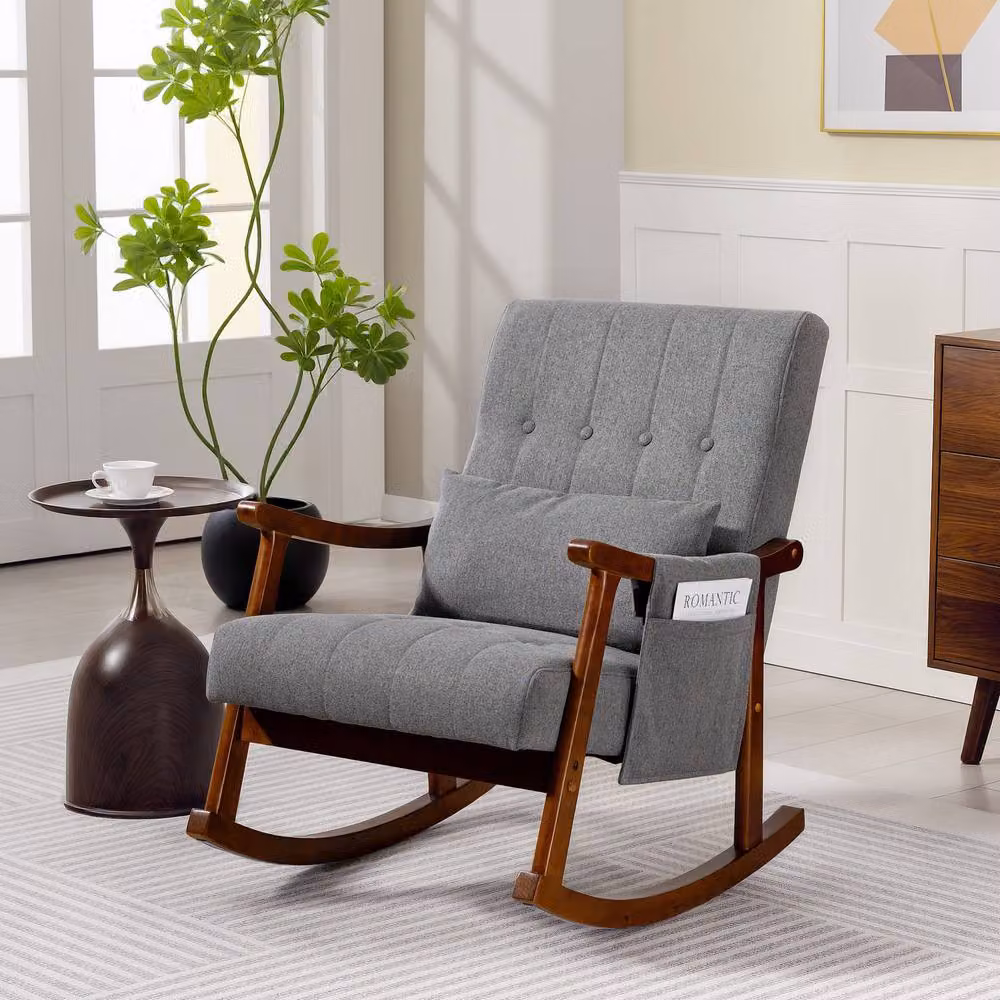 STILVORA Mid-Century Rocking Chair with Armrests and Side Pocket in Grey Fabric and Rubberwood Frame – 2