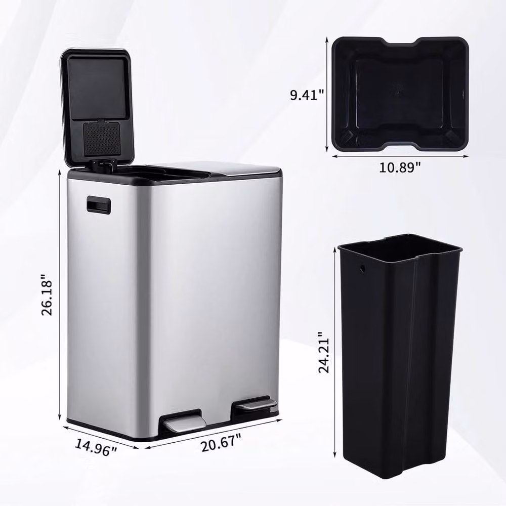 VOGREX 60L Dual Pedal Kitchen Recycling and Waste Bin in Silver – 2