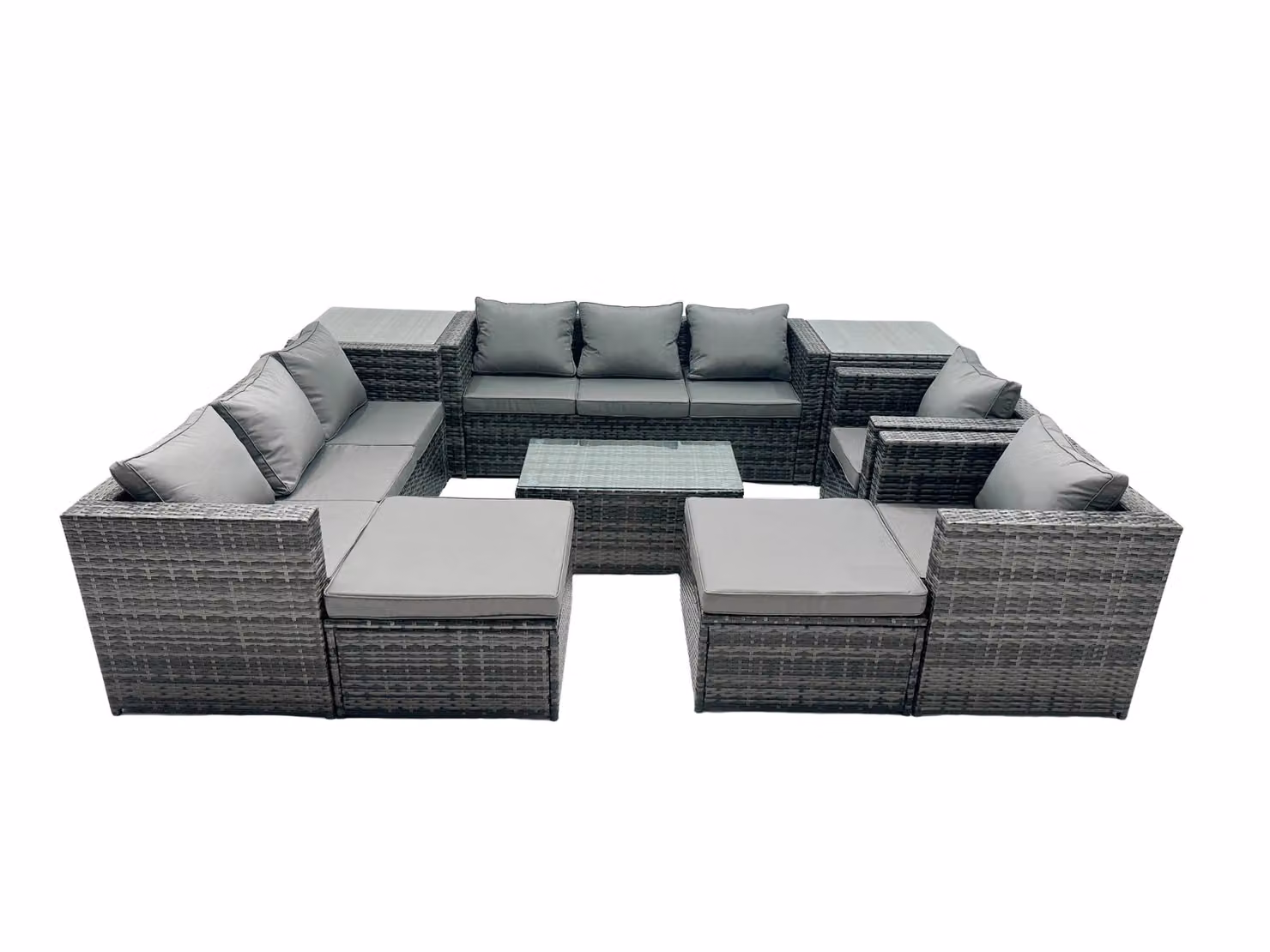 Fimous 10-Seater Patio Coffee Table Sofa Set with 2 Large Stools and 2 Side Tables in Dark Grey – 2