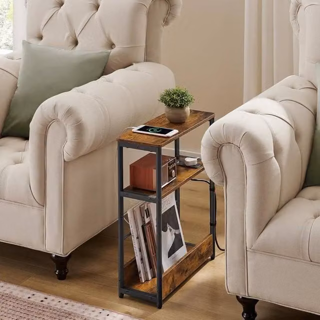 The Bazaarist Slim Nightstand with Charging Station and Magazine Rack in Brown and Black