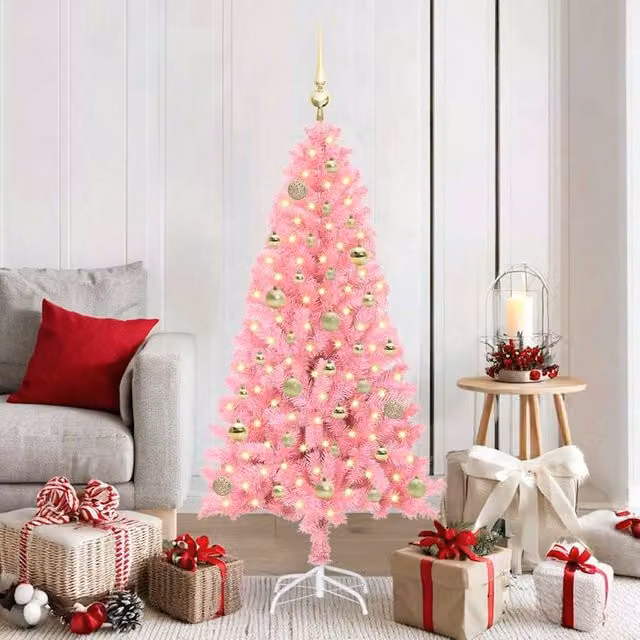 Berkfield Home Pink PVC Christmas Tree with 150 LEDs and Stand, Height: 150 cm – 1