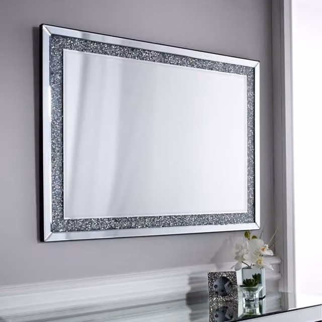 DEENZ Large Abstract Crushed Jewel Rectangular Wall Mirror in Silver, W: 60 cm, H: 40 cm