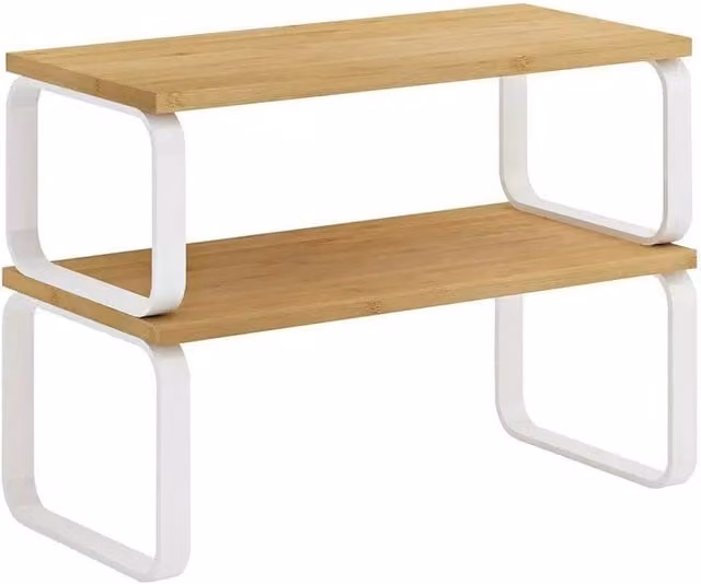 Kelvenix Set of 2 Stackable Bamboo Spice Rack Shelf Organisers in White and Multicolour, W/D/H: 39.7 x 15.5 x 15.5 cm