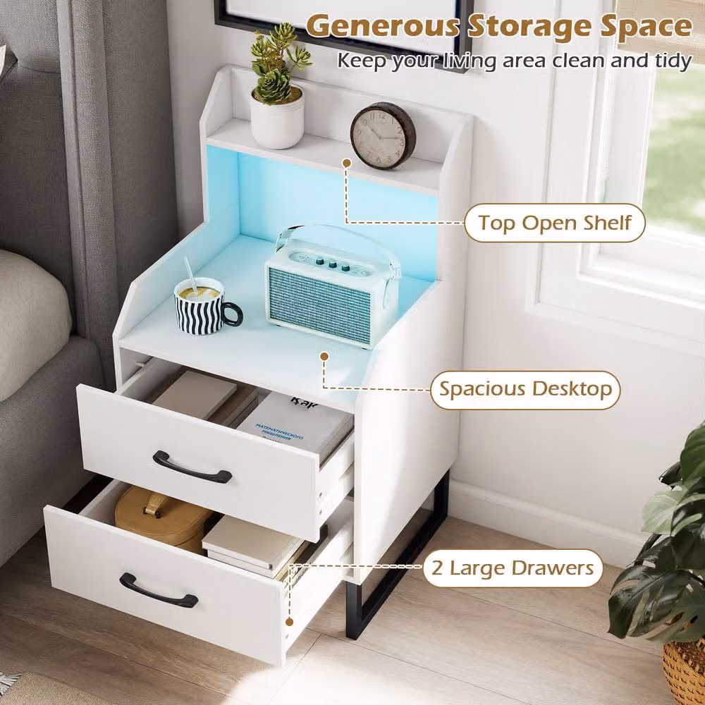 Gymax Modern White Bedside Table with Integrated LED Lights and Charging Station – 4