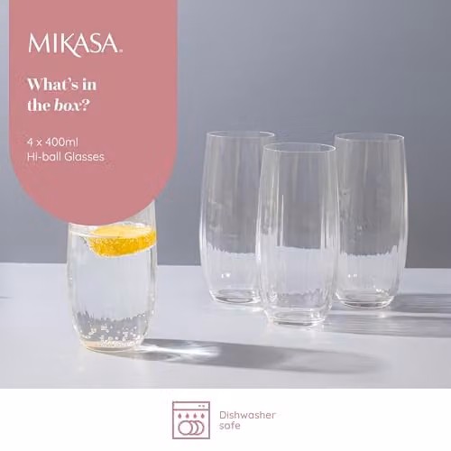 Mikasa Treviso Geometric Crystal Highball Tumbler Glasses, Set of 4, 400ml, Transparent – 2