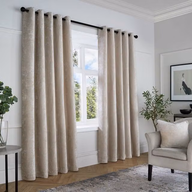 Terrys Modern Textured Chenille Blackout Eyelet Curtains with Thermal Insulation in Sand Beige