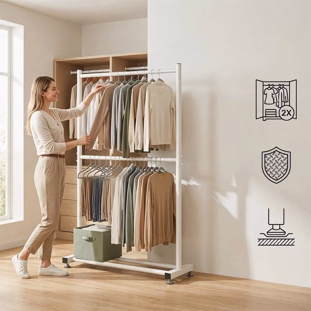 KORVIXA White 2-Tier Clothes Rail Rack Garment Hanging Stand, W: 90 cm, H: 180 cm – 2