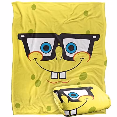 LOGOVISION Spongebob Winking Face Super Soft Fleece Throw Blanket, White, W: 152 cm, D: 127 cm – 1