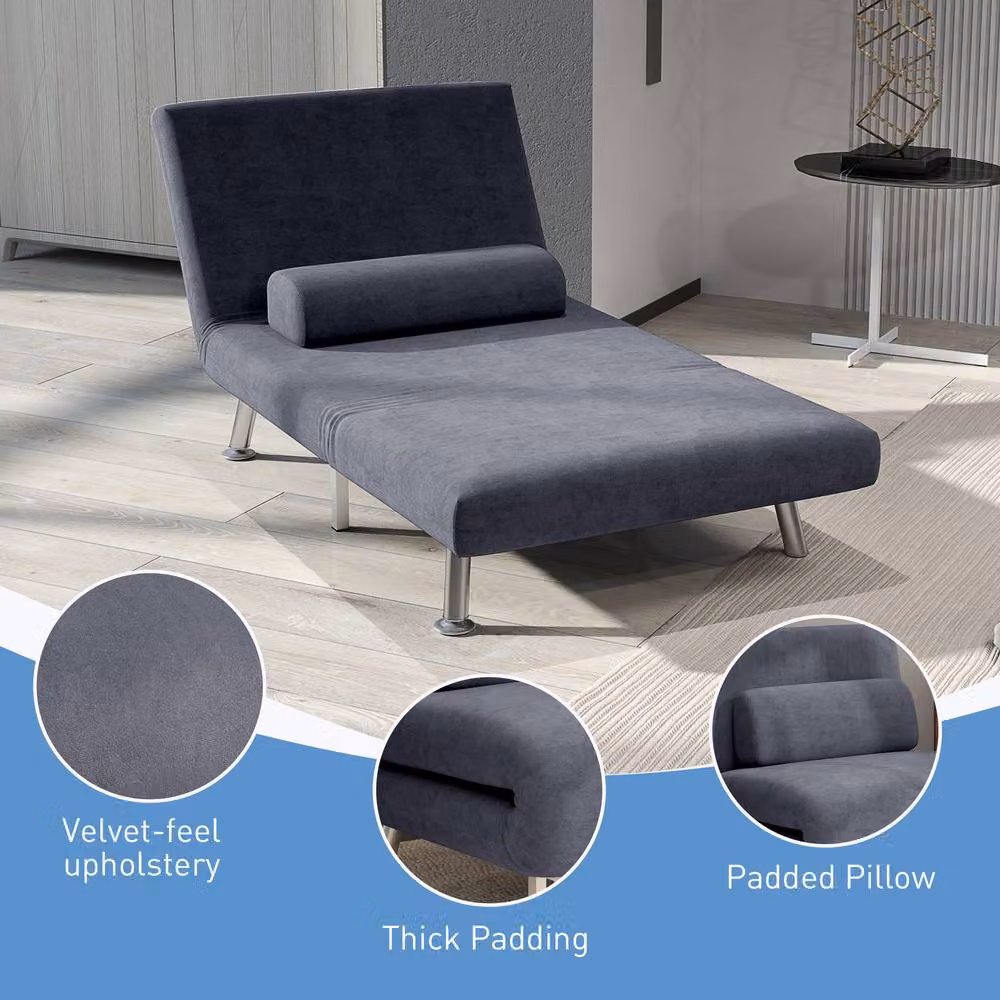 STILVORA 3-in-1 Grey Velvet Sleeper Chair Bed with Metal Frame and Armrests – 7