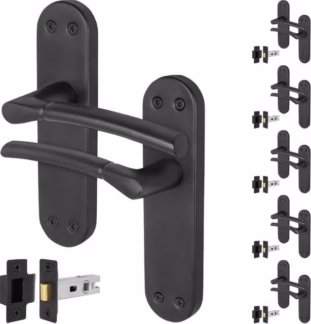 AFIT Matt Black Door Handles with Backplate and 64mm Latch, 6 Pairs, W/D/H: 150 x 150 x 150 mm