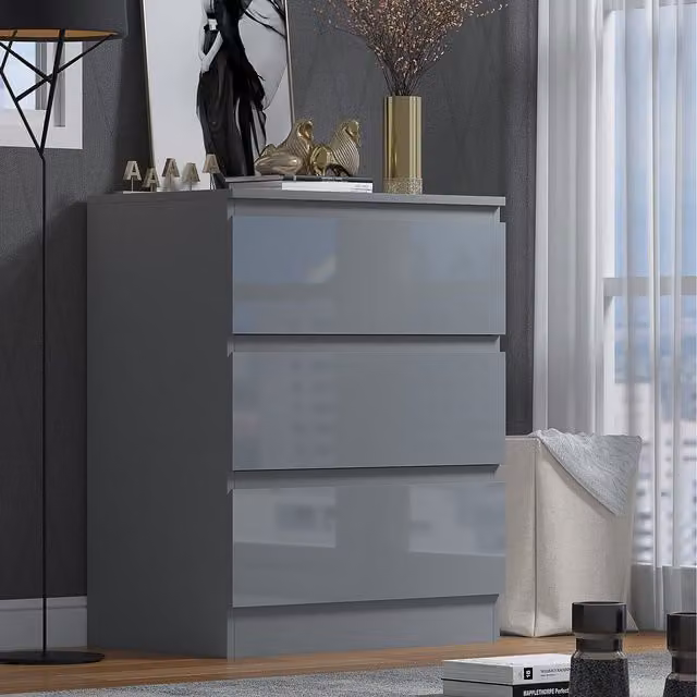 FWStyle 3 Drawer Bedside Table in Grey Gloss