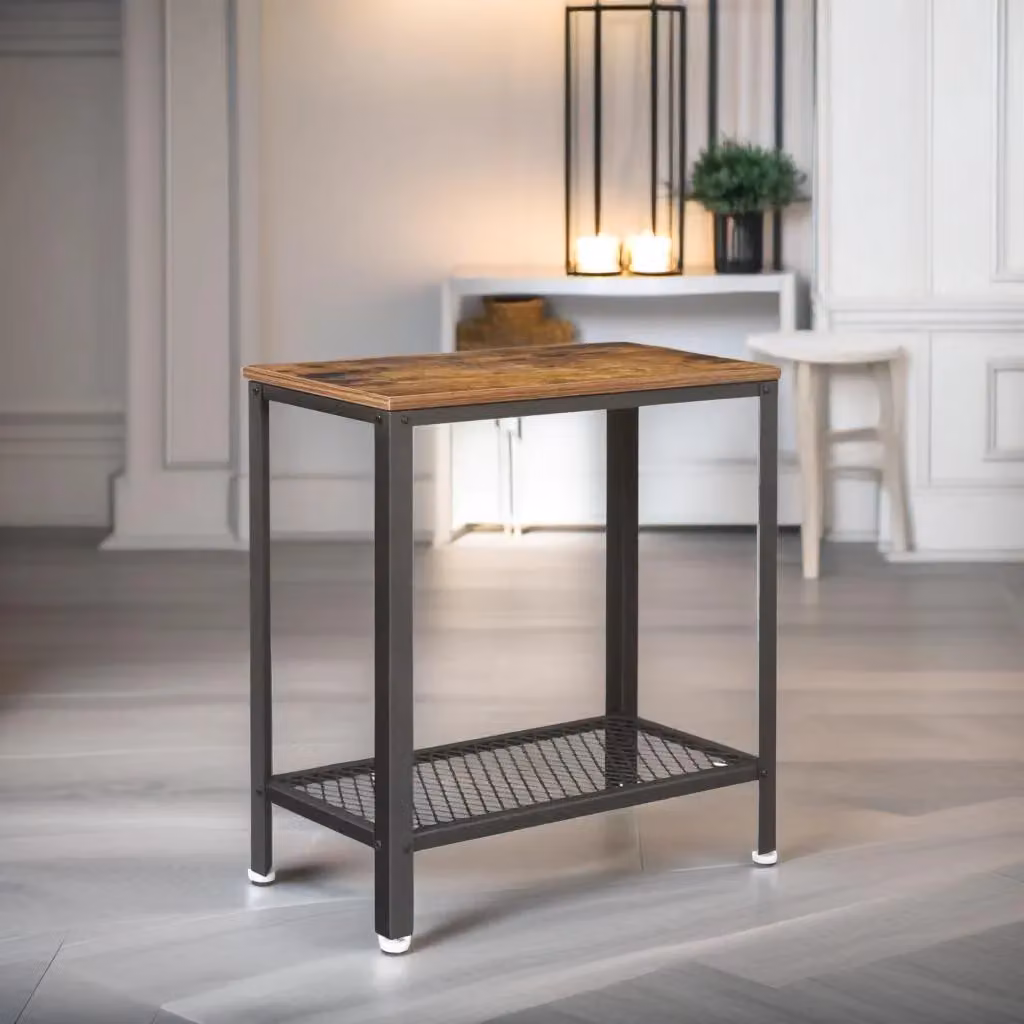 Rafaelo Mobilia 2 Tier Industrial Side End Table with Mesh Shelf in Brown and Black – 2