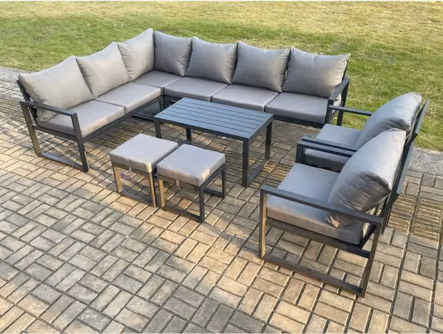 Fimous Modern L-Shape Aluminium Garden Corner Sofa Set in Dark Grey with Coffee Table and Matching Ottoman