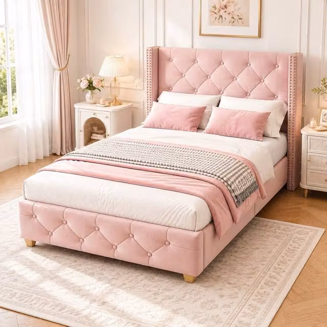 STILVORA Pink Velvet Upholstered Single Bed W/D/H: 90 x 190 x 120 cm