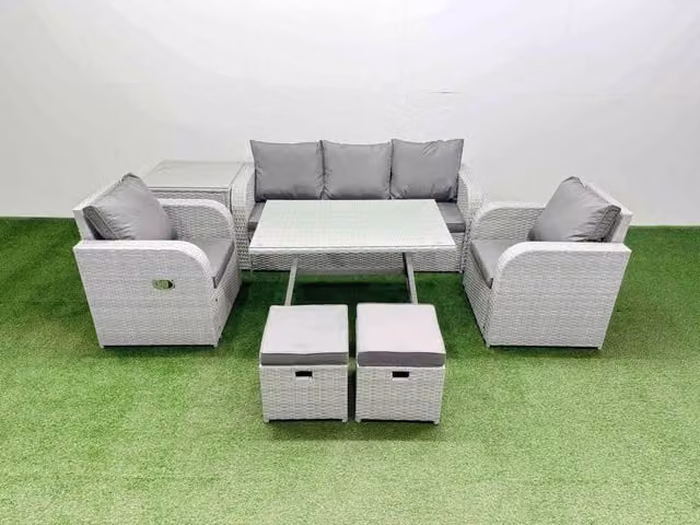 Fimous 3 Seat Reclining Sofa and Dining Table Garden Furniture Set in Light Grey
