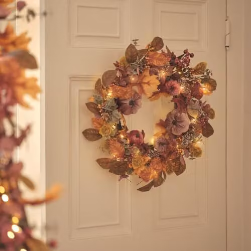 Lights4fun Pre Lit Luxury Velvet Pumpkin Meadow Wreath in White, Diameter: 40 cm