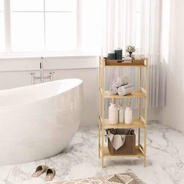 HOMCOM 4 Tier Bamboo Bathroom Storage Shelf with Adjustable Racks, Natural Brown, Height: 111 cm