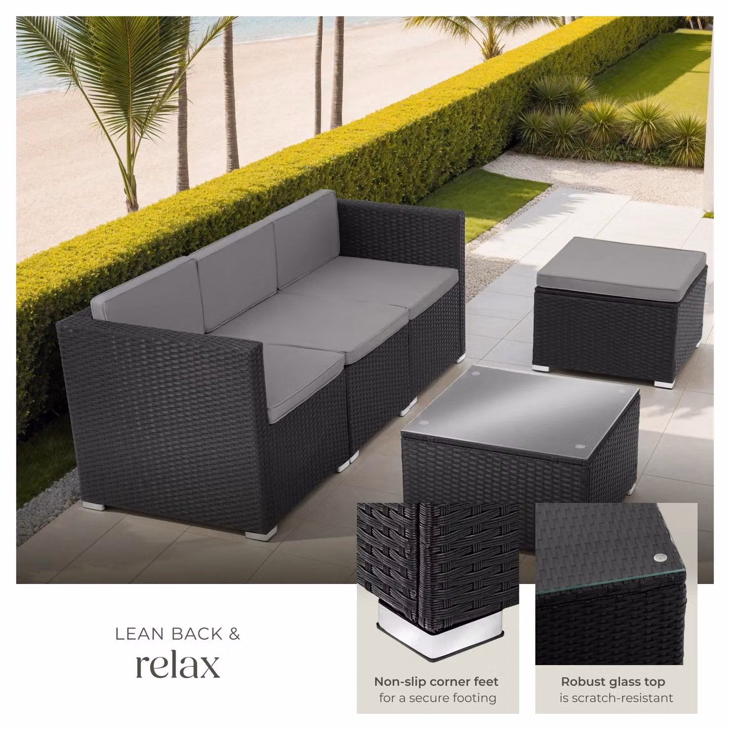 tectake Lignano Garden Furniture Set with Upholstered Cushions and Coffee Table in Black and Grey Polyrattan for 4 Adults – 4