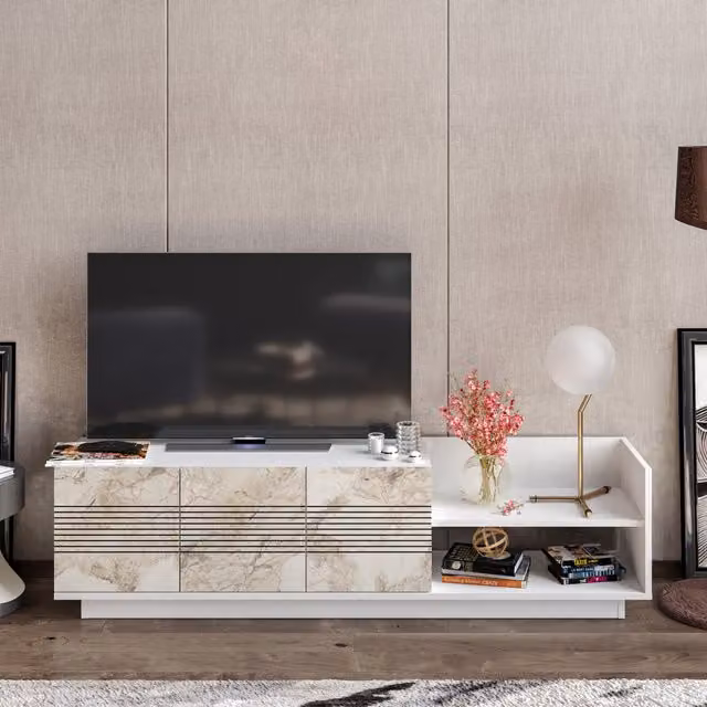 Decorotika Viana Modern Abstract TV Unit in White and Wood, W: 167 cm