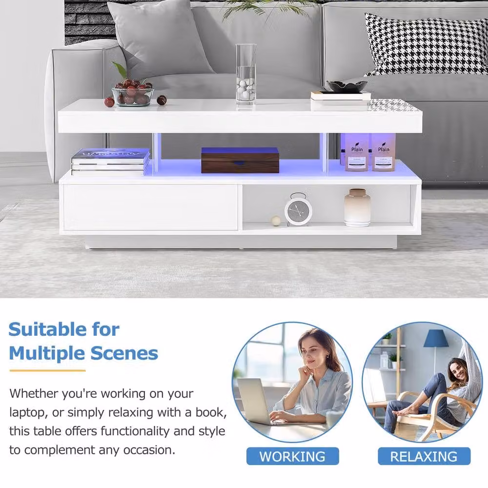 Rolipo Smart LED White High Gloss Coffee Table with 2 Drawers – 3