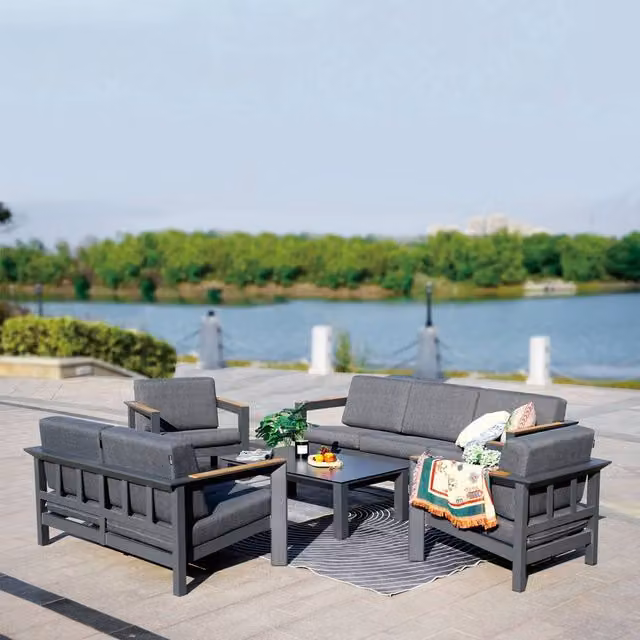 Mimo 5-Piece Outdoor Sofa Set with Teak Armrests and Glass Coffee Table in Dark Grey – 1